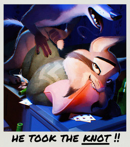 anal anal_knotting anal_penetration anthro ass_up bodily_fluids bottle bottomless bottomless_anthro bottomless_male card clothed clothing container cum cum_from_ass cum_in_ass cum_inside cum_string duo feet from_behind_position fur furniture genital_fluids genitals grey_body grey_fur holding_tail knotting looking_at_viewer male male/male male_penetrated male_penetrating male_penetrating_male mouth_hold nude object_in_mouth on_table open_mouth penetration penile penile_penetration penis photo saliva saliva_string sex smile sweater sweater_only table tail teeth text toes tongue tongue_out topwear topwear_only whiskers sidekick disney zootopia pawbert_lynxley canada_lynx canid canine canis felid feline lynx mammal wolf digital_media_(artwork) english_text hi_res