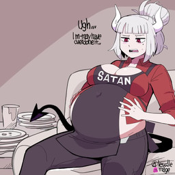 belly big_belly breasts burping dish female furniture hair hair_bun hand_on_belly horn inside messy navel on_sofa rumbling_stomach sitting sitting_on_sofa sofa solo stuffing text lewdlemage akuji_saito_(va) helltaker azazel_(helltaker) lucifer_(helltaker) angel demon humanoid 1:1 2021 animated long_playtime signature sound video voice_acted