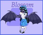 black_hair blouse blue_border border bottomwear bow_(feature) clothing female footwear hair hat headgear headwear legwear mary_janes puffy_sleeves ribbons shoes skirt solo thigh_highs topwear wings dahbastard eukayoticprokaryote bat mammal megabat cel_shading digital_media_(artwork) hi_res krita_(artwork) shaded