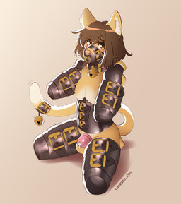 anthro arms_tied balls bdsm bell bell_collar biped bitchsuit black_collar blush bodily_fluids bondage bondage_gear bound brown_body brown_eyes brown_fur brown_hair chastity_cage chastity_device chicken-wing_tied clothing collar corset frogtied fur gag gagged genital_fluids genitals hair heavy_bondage kneeling legs_tied lingerie male muzzle_(object) muzzle_gag muzzled nipples pink_chastity_cage plug_gag precum solo submissive submissive_male tail_strap topwear 100racs domestic_cat felid feline felis mammal 2021 absurd_res hi_res