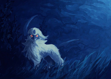 abstract_background ambiguous_feral ambiguous_gender black_body feral flowing_mane forehead_gem fur gem grass_field horn looking_at_viewer night pose quadruped red_eyes solo tail white_body white_fur 7_phi_3 nintendo pokemon absol generation_3_pokemon pokemon_(species) 2026 colored digital_drawing_(artwork) digital_media_(artwork) japanese_description shaded
