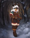 anthro antlers biped breast_outline brown_body clothing curvy_female detailed_background female forest gloves green_eyes hair hand_on_hip handwear holding_melee_weapon holding_object holding_sword holding_weapon hooved_toes hooves horn looking_at_viewer melee_weapon plant pouch_(clothing) side-tie_clothing snow solo sword thick_thighs tree unguligrade weapon white_hair wide_hips asimos deer mammal new_world_deer reindeer 4:5 hi_res