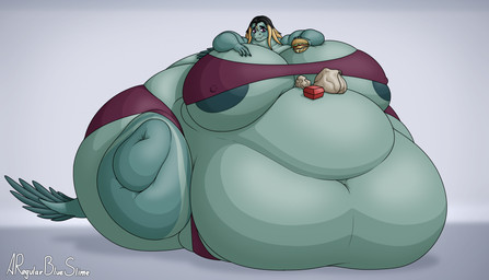 anthro areola areola_slip belly big_belly big_breasts big_butt big_tail black_hair blonde_hair bra breasts butt clothing feathers female food food_on_belly food_on_body green_body green_skin hair holding_food holding_object huge_belly huge_breasts huge_butt huge_tail hyper hyper_belly hyper_breasts hyper_butt immobile morbidly_obese morbidly_obese_anthro morbidly_obese_female navel nipple_outline nipple_slip nipples obese obese_anthro obese_female overweight overweight_anthro overweight_female panties purple_bra purple_clothing purple_panties purple_underwear solo tail underwear aregularblueslime courtney_(jauntyweb) dinosaur dromaeosaurid prehistoric_species reptile saurischian scalie theropod utahraptor 2025 hi_res