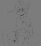 anthro bodily_fluids clothing genitals looking_at_viewer male penis solo sweat text sketchytoasty nicky_(nicky_illust) canid canine canis mammal wolf english_text hi_res monochrome