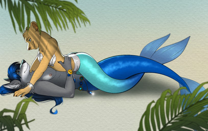 anthro anthro_on_anthro black_nose blue_body blue_hair blue_scales bra breasts clothing duo female fur grey_body grey_fur hair kiss_on_lips kissing long_hair lying male male/female merfur merfurry multicolored_body multicolored_fur nipples on_back scales seashell_bra split_form tan_body tan_fur two_tone_body two_tone_fur underwear white_body white_fur lustrum kyra_(jukesman54) maku_(masterofwolves99) aquatic canid canine canis felid lion mammal merfolk pantherine wolf