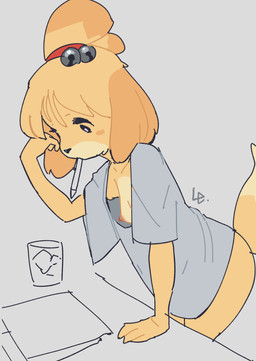 anthro areola biped blonde_hair bottomless bottomless_anthro bottomless_female breasts clothed clothed_anthro clothed_female clothing female fingers fur hair looking_down nipples partially_clothed partially_clothed_anthro partially_clothed_female simple_background solo standing tail topwear topwear_only yellow_body yellow_fur yellow_tail the_shitposter_2069 animal_crossing nintendo isabelle_(animal_crossing) canid canine canis domestic_dog mammal 2025 absurd_res digital_drawing_(artwork) digital_media_(artwork) hi_res