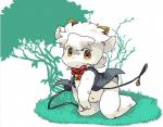 anthro bell biped blush clothed clothing fur grass horn kneeling leaf looking_at_viewer male navel plant simple_background solo topwear tree vest white_background white_body white_fur young young_anthro noriburu caper_cornu bovid caprine goat mammal