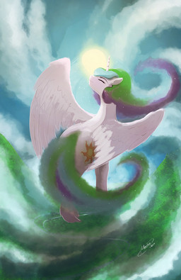 cutie_mark day eyes_closed feathered_wings feathers female feral hair horn multicolored_hair outside sky solo standing sun white_body white_feathers wings mechagen friendship_is_magic hasbro my_little_pony mythology princess_celestia_(mlp) equid equine mammal mythological_creature mythological_equine winged_unicorn hi_res