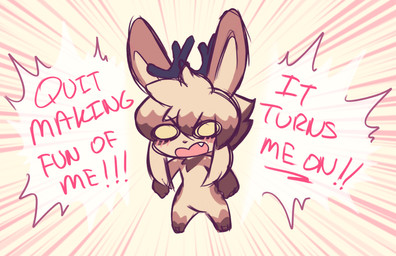 ambiguous_gender anthro antlers big_ears blush chibi fangs fur hair horn humor motion_lines multicolored_body multicolored_fur open_mouth simple_background solo teeth text two_tone_body two_tone_fur white_background white_body white_fur kurus aster_faye jackalope lagomorph leporid mammal absurd_res digital_media_(artwork) english_text hi_res meme