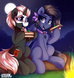 accessory black_hair campfire choker collar duo female feral fire flower flower_in_hair food full_moon hair hair_accessory heart_ring_(hardware) heart_symbol horn jewelry log moon necklace plant ring_(hardware) sandwich_(food) sitting sitting_on_log star white_hair wings wood shadowreindeer hasbro my_little_pony mythology fan_character s.leech_(oc) equid equine mammal mythological_creature mythological_equine pegasus unicorn hi_res
