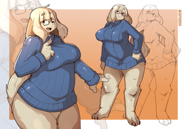 4_fingers ahoge anthro big_hands biped blue_clothing blue_sweater blue_topwear border bottomless breasts clothed clothing eyebrow_through_hair eyebrows eyewear fangs female fingers floppy_ears fluffy fluffy_tail fur glasses glistening hair hand_on_hip medium_breasts open_mouth orange_background pose simple_background small_head smile standing sweater sweater_only tail tan_body tan_fur tan_hair teeth thick_thighs topwear topwear_only translucent translucent_hair white_border kappadoggo sophie_(kappadoggo) canid canine canis domestic_dog mammal 2019 colored multiple_scenes shaded signature sketch sibling_(lore) sister_(lore)