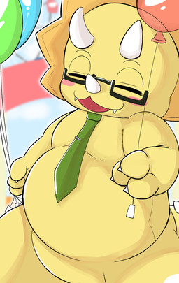3_fingers 3_horns ambiguous_gender anthro balloon biped black_eyebrows blurred_background blush blush_stickers eyebrows eyes_closed eyewear facial_horn featureless_crotch fingers glasses green_necktie holding_balloon holding_object horn inflatable kemono mostly_nude_ambiguous mostly_nude_anthro multi_horn necktie nose_horn open_mouth open_smile rectangular_glasses smile solo teeth thin_eyebrows wearing_glasses yellow_body suzuinu amagi_brilliant_park triken ceratopsian ceratopsid chasmosaurine dinosaur marginocephalian ornithischian prehistoric_species reptile scalie triceratops 2025 absurd_res digital_media_(artwork) hi_res male_(lore)