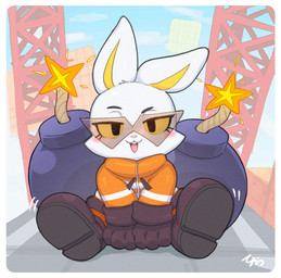 3_fingers anthro black_eyebrows blush blush_lines blush_stickers bomb boots brown_boots brown_clothing brown_footwear brown_gloves brown_handwear buckteeth clothing cloud coat construction_site detailed_background emanata explosives eyebrows eyelashes eyewear female fingers footwear fur gloves half-closed_eyes handwear lit_fuse narrowed_eyebrows narrowed_eyes open_mouth open_smile orange_clothing orange_coat orange_topwear pink_nose shoes short sitting sitting_on_ground smile smiling_at_viewer solo sunglasses teeth topwear white_body white_fur yellow_inner_ear yellow_sclera hanadaiteol bombun bombun_(kekitopu) lagomorph leporid mammal rabbit 2026 signature