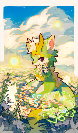 2_horns anthro biped blue_sky cloud cloudy_sky daisy_(flower) day flower fur grass grass_field green_body green_fur holding_flower holding_object horn kemono kneeling light looking_at_viewer male mountain multicolored_body multicolored_fur outside plant red_eyes sky solo sunlight white_clouds yellow_body yellow_fur cralot mythology honlem avian bird dragon furred_dragon furred_scalie lagomorph leporid mammal mythological_creature mythological_scalie rabbit scalie 2024 cel_shading digital_drawing_(artwork) digital_media_(artwork) hi_res shaded