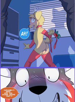age_difference anthro balls dialogue duo fur genitals holly_(plant) male male/male plant text yellow_body yellow_fur young young_male younger_male smoothlabs caramel_(smoothlabs) maeth_(smoothlabs) bird_dog canid canine canis domestic_dog golden_retriever hunting_dog mammal retriever wolf absurd_res comic digital_media_(artwork) english_text hi_res
