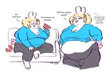 anthro belly beverage beverage_can big_belly blonde_hair blush breasts buckteeth cleavage clothed clothing female fur furniture hair obese obese_anthro obese_female open_mouth open_smile overweight overweight_anthro overweight_female simple_background sitting smile soda sofa teeth text tongue tongue_out white_background white_body white_fur carcupholder chair_(carcupholder) lagomorph leporid mammal rabbit english_text hi_res multiple_images