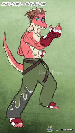 abs anthro belt bottomwear brown_hair claws clothed clothing feet finger_claws fingerless_gloves fingers frill_(anatomy) front_view frown gloves green_background green_bottomwear green_clothing green_eyes green_pants hair handwear humanoid_feet humanoid_hands looking_at_viewer male multicolored_body multicolored_scales muscular muscular_anthro muscular_male pants pink_body pink_scales plantigrade pose scales short_hair simple_background snaggle_tooth solo standing tail tan_body tan_scales text toe_claws toes topless topless_anthro topless_male two_tone_body two_tone_scales disc_of_kompact cavemanon_studios i_wani_hug_that_gator tekken damien_payne jin_kazama dilophosaurid dilophosaurus dinosaur prehistoric_species reptile saurischian scalie spinosaurid spinosaurus theropod character_name colored hi_res