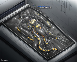 anthro bdsm black_border border clothing edging female latex latex_clothing latex_skinsuit lock_symbol orgasm_denial prison prison_suit prison_uniform prisoner sex_toy skinsuit solo submissive submissive_anthro submissive_female text_on_latex tight_clothing vacuum_bed vibrator wand_vibrator hiconnen mythology cyberjoel canid canine dragon mammal mythological_creature mythological_scalie scalie hi_res