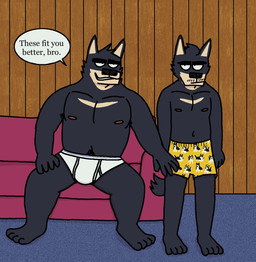 anthro barefoot black_nose black_text boxers_(clothing) boxers_only boxers_versus_briefs briefs briefs_only clothed clothing duo eyebrows facial_hair feet inside male monotone_briefs monotone_clothing monotone_underwear mustache navel nipples pattern_boxers pattern_clothing pattern_underwear speech_bubble text thick_eyebrows tighty_whities topless topless_anthro topless_male underwear underwear_only waistband_stripe wearing_another's_underwear white_briefs white_clothing white_underwear yellow_boxers yellow_clothing yellow_underwear eddicus edgar_(eddicus) joel_(eddicus) canid canine canis domestic_dog husky mammal nordic_sled_dog spitz english_text hi_res brother_(lore) brothers_(lore) sibling_(lore)