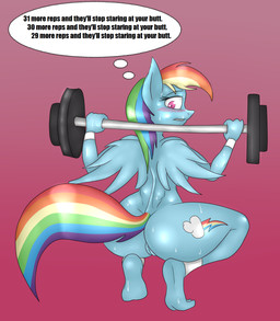 anthro anthrofied big_butt blue_body blue_feathers blush bodily_fluids bubble_butt butt crouching cutie_mark embarrassed exercise feathered_wings feathers female genitals glistening glistening_body glistening_skin holding_object looking_back multicolored_tail nude rainbow_tail rear_view solo sweat sweatband tail text thought_bubble vulva weightlifting weights wings workout hyperstorm_h jrvanesbroek friendship_is_magic hasbro my_little_pony mythology rainbow_dash_(mlp) equid equine mammal mythological_creature mythological_equine pegasus 2014 digital_media_(artwork) english_text hi_res sketch