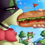 ambiguous_gender anthro blurred_background bodily_fluids breasts cross-popping_vein detailed_food dialogue eyelashes female fingers food food_fetish group hair heart_eyes heart_symbol holding_food holding_object mayonnaise outside plant profanity saliva sandwich_(food) submarine_sandwich suggestive suggestive_food text tree gammainks nintendo pokemon ditto_(pokemon) generation_1_pokemon generation_3_pokemon generation_9_pokemon kirlia meowscarada pokemon_(species) 1:1 2022 absurd_res detailed digital_media_(artwork) english_text hi_res