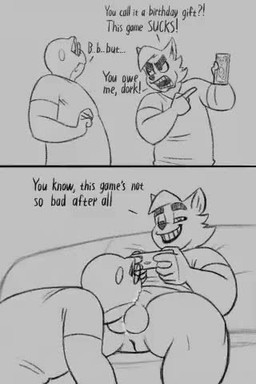 angry anthro balls bottomless bottomless_male bullying clothed clothing dialogue duo erection eyebrows fellatio gaming genitals male male/male oral penile penis penis_in_mouth playing_video_game sex text thick_eyebrows vein veiny_penis kostos_art bennie_(kostos_art) amphibian canid canine canis domestic_dog frog mammal 2:3 2d_animation animated animated_comic comic english_text low_res monochrome no_sound short_playtime video