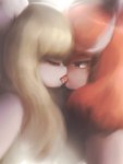 anthro bangs blonde_hair bodily_fluids duo eyes_closed female female/female french_kissing hair hunched_over kemono kissing light long_hair looking_at_another nude open_mouth pupils red_body red_eyes red_hair red_tongue saliva side_view standing tears tongue white_body white_ears white_hair hasukii mal_(hasukii) vea_(hasukii) canid canine mammal 3:4