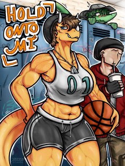 abs anthro athletic_wear ball basketball_(ball) beanie biceps big_breasts black_bottomwear black_clothing black_shorts blue_eyes blush blush_lines bottomwear breasts brown_hair cargo_pants clothed clothing cropped_tank_top deltoids dog_tags ear_piercing ear_ring eyebrows eyelashes facial_horn female fingers freckled_breasts freckled_chest freckled_face freckled_shoulders freckled_tail freckles glistening_eyelids green_hair group gym_bottomwear gym_shorts hair hat headgear headwear holding_basketball horn humanoid_hands inside jacket jewelry locker locker_room long_eyelashes looking_at_another looking_at_viewer looking_down male markings muscular muscular_anthro muscular_arms muscular_female muscular_legs navel necklace non-mammal_navel open_clothing open_jacket open_topwear orange_body pants piercing pose quads raised_eyebrow red_clothing red_jacket red_topwear ring_piercing shirt short_hair shorts smile smirk striped_markings stripes tail tank_top text thick_thighs topwear trio wavy_mouth wavy_smile white_clothing white_shirt white_tank_top white_topwear jelentheslav hold_onto_mi ciro_(tucolewds) mimi_(hold_onto_mi) newa_count_(hold_onto_mi) ceratopsian ceratopsid chasmosaurine dinosaur human mammal marginocephalian ornithischian prehistoric_species reptile scalie triceratops 3:4 absurd_res artist_name colored hi_res shaded