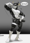 anthro balls big_balls big_penis black_body erection eyewear flexing genitals glasses gradient_background latex male muscular penis simple_background smile solo speech_bubble text white_body cxcxxcxxxx haplorhine latex_creature living_latex mammal monkey primate 2025 absurd_res english_text hi_res
