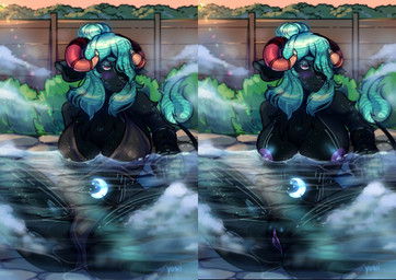 anthro bikini blush breasts camel_toe clothing confident female genital_outline genitals hot_spring markings moon_(marking) nude presenting presenting_vulva rock smile solo spread_legs spreading steam swimwear two-piece_swimsuit vulva vulva_outline water yuwi-cyu bovid caprine goat mammal