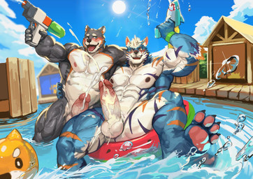 1_horn 4_toes abs anthro arm_around_back balls blue_body blue_eyes blue_fur blue_sky blush bodily_fluids claws cloud cum cumshot duo ejaculation erection eye_contact eye_scar facial_scar feet finger_claws foot_in_water fur genital_fluids genitals grey_body grey_fur hair hindpaw holding_object holding_toy holding_toy_gun holding_water_gun horn humanoid_genitalia humanoid_penis looking_at_another male male/male multicolored_body multicolored_fur musclegut muscular muscular_anthro muscular_male muscular_thighs navel nipples nude obliques open_mouth orange_stripes outside pawpads paws pecs penis pink_pawpads plant pool pool_float purple_stripes scar shrub sky smile stripes summer sun toe_claws toes toy toy_gun vein veiny_muscles veiny_penis water_drop water_gun white_body white_fur white_hair wristband yellow_eyes traver009 lugerdius canid canine canis domestic_dog mammal wolf 2024