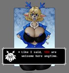 2_horns anthro areola areola_slip big_breasts blazer blonde_hair blue_areola blue_eyes blue_lipstick bottomwear bra breasts cleavage clothed clothing dialogue ear_piercing eyebrows eyelashes female flashing flashing_breasts gem hair horn huge_breasts jewelry lace lipstick looking_at_viewer makeup mature_female necklace pants pearl_(gem) pearl_necklace piercing short_hair solo teeth text text_box thick_thighs underwear wide_hips sindio deltarune undertale_(series) carol_holiday deer mammal 2025 english_text hi_res