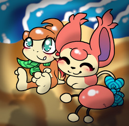 band beach_cave_(pmd) blue_eyes bow_(feature) duo female feral happy lying male on_front romantic romantic_ambiance romantic_couple sand sitting smile stripes water sparklepupfaeri nintendo pokemon pokemon_mystery_dungeon spike_chunsoft chimchar domestic_cat felid feline felis generation_3_pokemon generation_4_pokemon haplorhine mammal monkey pokemon_(species) primate skitty hi_res
