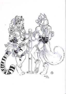 accessory anklet anthro bdsm bottomwear clothed clothing collar dancing duo female furgonomics garter hair harness jewelry male pawpads pole ring skirt tail tail_accessory tail_jewelry tail_ring tassels dark_natasha heather_bruton canid canine felid fox mammal pantherine tiger 2018 greyscale monochrome signature