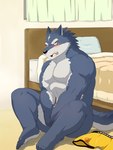 abs anthro areola athletic bed bedding bedroom biceps big_muscles biped black_nose blanket blue_body blue_fur blush bodily_fluids boxers_(clothing) caught_masturbating clothes_on_floor clothing countershade_fur countershading covering covering_crotch curtains discarded_clothing embarrassed fangs footprint fur furniture grey_body grey_fur inside kemono looking_at_viewer male masturbation muscular muscular_anthro muscular_male nipples nude nude_anthro nude_male on_ground open_mouth pawprint pecs pillow pink_areola pink_nipples pink_tongue sharp_teeth sitting solo tears teeth tongue underwear underwear_on_floor white_body white_fur yellow_clothing yellow_eyes yellow_underwear manya canid canine canis mammal wolf 2013 3:4