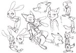 anthro bottomwear clothed clothing duo female fully_clothed fur male necktie on_lap open_mouth open_smile pants shirt simple_background sitting_on_lap smile standing text topwear white_background chu_twst disney zootopia judy_hopps nick_wilde canid canine fox lagomorph leporid mammal rabbit red_fox true_fox absurd_res black_and_white hi_res japanese_text monochrome