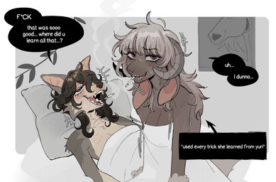 anthro biped blush breasts countershade_torso countershading dialogue duo female front_view fur hair looking_at_viewer lying on_back pillow sitting smile speech_bubble teeth text tongue raccoattack bovid canid canine caprine goat mammal 2026 digital_drawing_(artwork) digital_media_(artwork) english_text hi_res