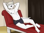 anthro bottomwear chaise_lounge clothed clothing hands_behind_head loincloth loincloth_only looking_at_viewer male navel nipples reclining solo subligaculum topless fuze adastra adastra_(series) echo_project cassius_(adastra) canid canine canis mammal wolf 4:3 hi_res