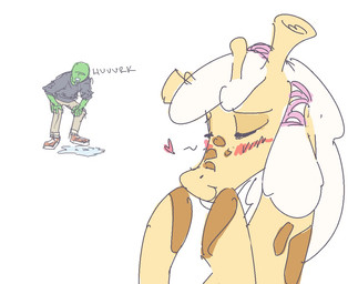 ?_face bashful blush bodily_fluids duo eyes_closed female feral hair heart_symbol hooves horn long_neck male markings ossicone smile spots spotted_body vomit vomiting white_hair nobby_(artist) annabelle_(madmax) anon giraffe giraffid human mammal aliasing binary_drawing digital_drawing_(artwork) digital_media_(artwork)