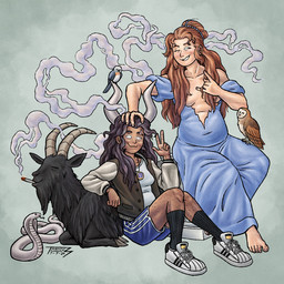 ambiguous_gender barefoot black_clothing black_footwear black_socks blue_bottomwear blue_clothing blue_shorts blunt_in_mouth body_hair bottomwear brown_hair clothing devil_horns_(gesture) dress drugs feet female feral foggy_background footwear gesture grey_background group hair hand_gesture hand_on_another's_head jacket leg_hair letterman_jacket long_hair long_socks marijuana medallion shorts simple_background smoke smoking smoking_marijuana socks topwear torn_clothing torn_dress tanicus adidas cartoon_network disney over_the_garden_wall the_owl_house beatrice_(over_the_garden_wall) luz_noceda titan_luz avian bird bluebird bovid caprine cobra goat human humanoid mammal oscine owl passerine reptile scalie snake thrush_(bird) titan_(the_owl_house) 1:1 2024 dated digital_drawing_(artwork) digital_media_(artwork) english_description hi_res signature