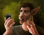 4_fingers anthro big_nose cellphone clothing confusion ear_expansion electronics expansion fingers fused_fingers green_background grey_clothing grey_shirt grey_topwear hooved_fingers hooves male mid_transformation phone shirt simple_background smartphone snout solo topwear transformation viergacht asinus donkey equid equine human mammal bust_portrait portrait