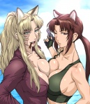 4_ears big_breasts blonde_hair blue_eyes breast_squish breasts breasts_frottage brown_eyes brown_hair burn_scar cigar cigarette cleavage clothed clothing duo eye_scar facial_scar female gun hair holding_gun holding_object holding_ranged_weapon holding_weapon human_and_animal_ears humanoidized long_hair multi_ear muscular one_eye_closed ranged_weapon scar smoking squish symmetry tattoo weapon wink ueyama_michirou black_lagoon balalaika_(black_lagoon) revy_(black_lagoon) animal_humanoid cat_humanoid felid felid_humanoid feline feline_humanoid humanoid mammal mammal_humanoid