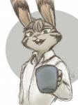 anthro black_stripes buckteeth clothed clothing container cup ear_markings facial_markings head_markings head_tuft holding_container holding_cup holding_object looking_at_viewer markings open_mouth open_smile shirt simple_background smile solo stripes teeth topwear tuft marema_kishin disney zootopia jack_savage lagomorph leporid mammal rabbit 2019 3:4 hi_res