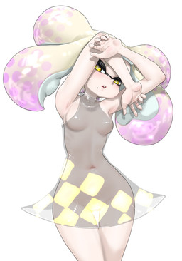 breasts clothing dress featureless_breasts female looking_at_viewer not_furry pseudo_hair simple_background small_breasts solo tentacle_hair tentacles thigh_gap translucent translucent_clothing white_background koharuno2 nintendo splatoon pearl_(splatoon) aquatic cephalopod humanoid inkling mollusk hi_res