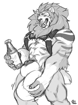 animal_genitalia anthro balls big_balls big_sheath bottle container fangs genitals glistening glistening_eyes harness holding_balls holding_bottle holding_container holding_object huge_balls huge_sheath looking_at_viewer male male_anthro mane muscular muscular_anthro muscular_male nude open_mouth open_smile penis penis_tip sabertooth_(anatomy) service_top_harness sheath simple_background smile solo standing striped_arms teeth thick_sheath solaxe_(artist) felid mammal prehistoric_species saber-toothed_tiger hi_res monochrome portrait sketch three-quarter_portrait