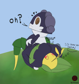 angry big_butt brown_eyes butt duo eyeshadow facesitting female female/female feral grass horn makeup on_rock plant purple_body red_eyes rock shocked shortstack sitting sitting_on_another size_difference text drwrandom nintendo pokemon deeva_(drwrandom) levi_(drwrandom) generation_5_pokemon generation_8_pokemon indeedee indeedee_(female) leavanny pokemon_(species) 2026 artist_name colored comic digital_drawing_(artwork) digital_media_(artwork) english_text flat_colors hi_res signature watermark