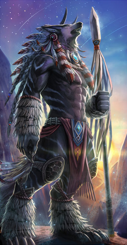 4_toes abs anthro barefoot biceps biped bottomwear breath claws clothed clothing collar detailed_background digitigrade ear_piercing ears_down eyes_closed fangs feathers feet fist fur grey_body grey_fur holding_object holding_weapon horn howl loincloth male melee_weapon multicolored_body multicolored_fur muscular muscular_anthro muscular_male navel open_mouth pecs piercing pivoted_ears polearm shooting_star side_view sky solo standing star starry_sky striped_body striped_fur stripes sun sunset teeth toe_claws toes topless tribal two_tone_body two_tone_fur warrior weapon white_body white_fur ロアニア canid canine canis mammal wolf 2016 detailed digital_media_(artwork) full-length_portrait portrait