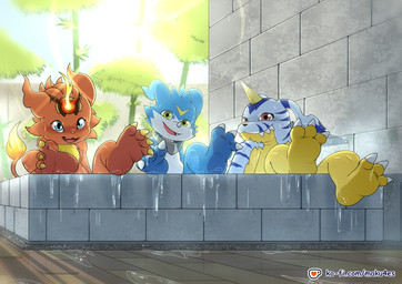 animal_skin anthro bath bathing blue_body blue_eyes feet foot_focus fur green_eyes group looking_at_viewer male red_body red_eyes red_fur smile smirk striped_body striped_fur stripes trio wet wet_body maku4es bandai_namco digimon coronamon digimon_(species) gabumon scalie veemon