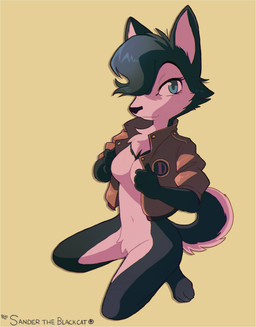 3_toes 4_fingers anthro black_body blue_eyes bottomless breasts brown_clothing brown_jacket brown_topwear chest_tuft clothed clothing countershade_torso countershading crotch_tuft curled_tail featureless_breasts feet female fingers jacket jacket_only kneeling monotone_background navel simple_background solo tail text toes topwear topwear_only tuft white_inner_ear white_torso yellow_background koiyaroid canid canine canis domestic_dog husky mammal nordic_sled_dog spitz artist_name hi_res