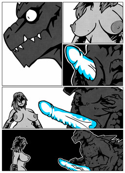 animal_genitalia anthro arm_wraps becoming_erect big_penis black_and_white_and_blue breasts duo evil_grin female female_human genital_slit genitals imminent_sex macro male male/female nude penis shocked smile wraps desertdragon94 attack_of_the_50_foot_woman godzilla_(series) toho godzilla human kaiju mammal scalie comic hi_res